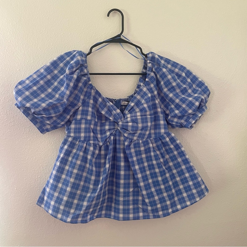 English Factory Gingham Twisted Puff Sleeve Top